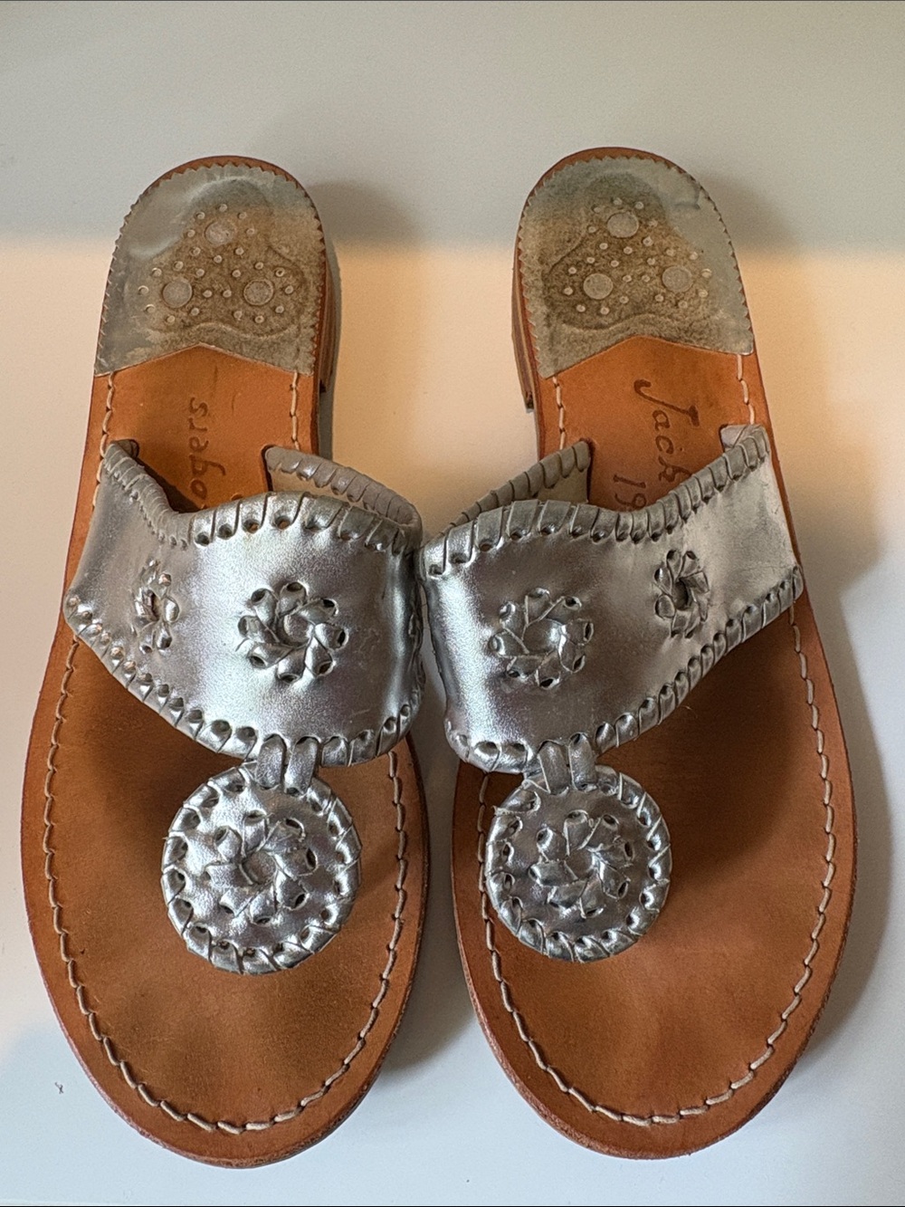 Jack Rogers Silver Metallic Leather Thong Sandals